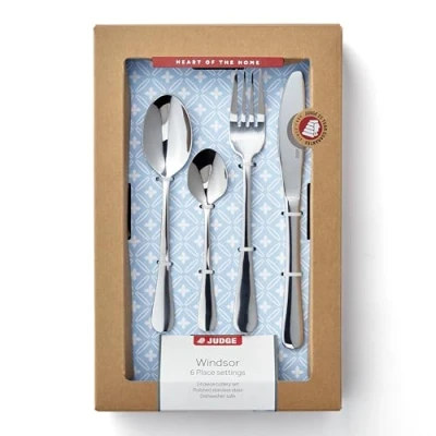 Image of Judge Windsor BF50 24 Piece 18/0 Stainless Steel Cutlery Set for 6 People, Knife, Fork, Spoon and Teaspoon, 25 Year Guarantee