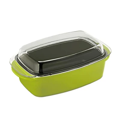 Image of Relaxdays Roaster with Lid, Non Stick Coated, Casserole Dish, Cast Aluminium &amp; Glass, Dishwasher Safe, Oven Tin, Green, 15 x 39.5 22.5 cm