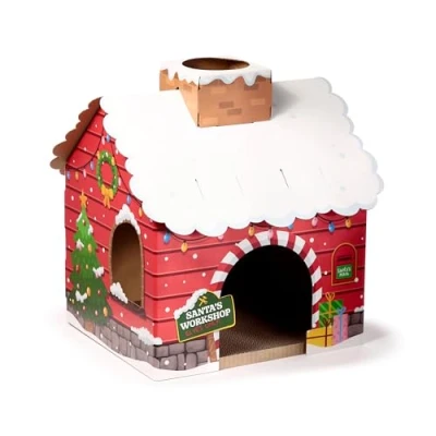 Image of Puckator Christmas Santa&#039;s Grotto Cat Playhouse 100% Cardboard Den Tree Tower Scratch Post Cats Play Shelter House Kitten Beds For Indoor Accessories Bed Cave Kennel