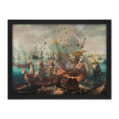 Image of Artery8 Van Wieringen Battle Of Gibraltar 1607 Painting Artwork Framed Wall Art Print 18X24 Inch