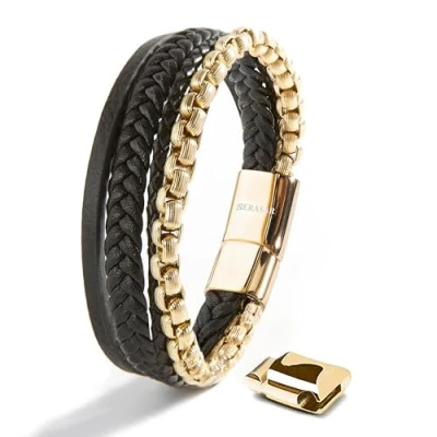 Image of SERASAR Men Bracelets 23cm Gold Gift Box Genuine Leather Cowhide Braided Adjustable Magnetic Clasp Multilayer Wrap Jewellery Rope Man Mans Male Mens Band Accessories