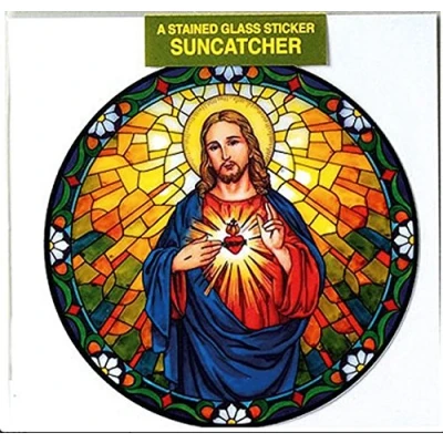 Image of Sacred Heart of Jesus Window Sticker Sun Catcher Tiffany Style &amp; Lourdes Prayer Card