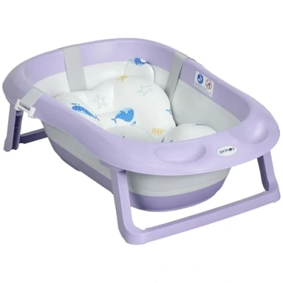 Image of ZONEKIZ Foldable Baby Bathtub Set, Collapsible Bath Tub Antibacterial with Non Slip Support, Cushion Pad, Drain Plugs, Shower Head Holder, Storage Compartments, for Ages 0 6 Years Purple