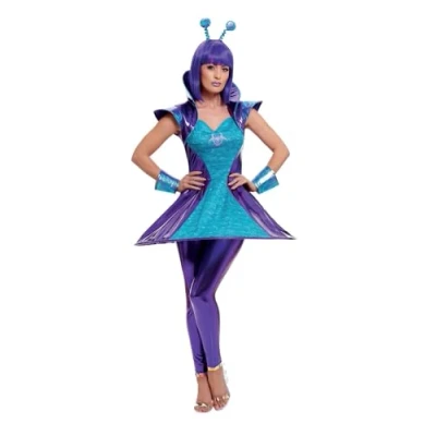 Image of Smiffys Alien Lady Costume, Multi Coloured with Dress, Leggings, Wristcuffs &amp; Headband, Halloween Space Fancy Dress Up Costumes