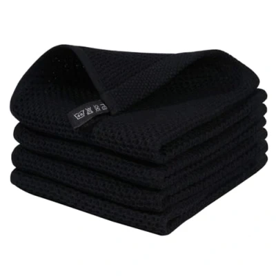 Image of Lucaser Kitchen Tea Towels Made of 100% Cotton with Waffle Pattern, Ultra Soft, Absorbent, Quick Drying Towels, Black, 34 x cm