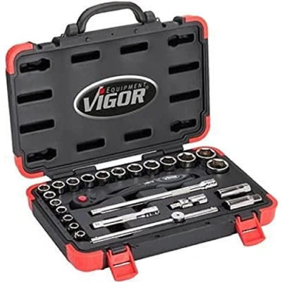 Image of ViGOR Socket Spanner Set V2460N, 25 Pieces, 1/2 Inch Square Drive, External Hexagonal Profile, Sizes 10 32 mm, for Manual Operation