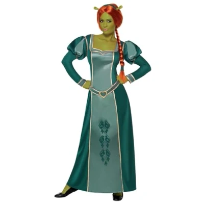 Image of Smiffys Shrek Fiona Costume Adult, Green Dress, Wig &amp; Headband, Official Princess Outfit with Plaited Wig, Dress Matching Ideal Halloween or Themed Party