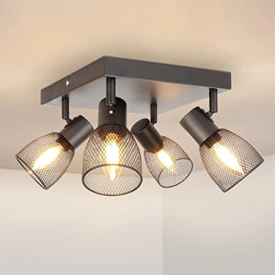 Image of Dehobo Spot Light Fittings for Ceilings Adjustable Metal Mesh Shade Kitchen Lights Ceiling Spotlights with E14 Base Black 4 Way Industrial Indoor Bedroom Hallway Living Room Shop