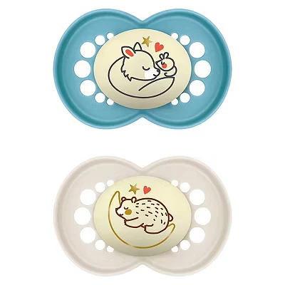 Image of MAM Original Night Soother 6+ Months (Set of 2), Sustainable Baby Soother, SkinSoft Silicone Teat, Glow in the Dark Blue (Designs May Vary)