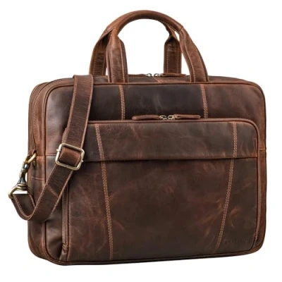 Image of STILORD &#039;Jaron&#039; Large Shoulder Bag Leather Men Women XL Laptop 15.6 inches/College Bag/Portfolio/Shoulder Bag/Satchel/Business Genuine Leather, Colour:Soria Brown