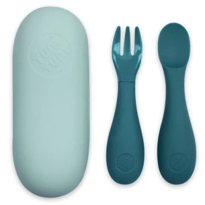 Image of TUM Silicone Baby Cutlery with Travel Case Spoon &amp; Fork Set Designed Feeding Specialist Led Weaning Utensils Dishwasher, Steriliser Friendly BPA Free 6m+, Blue