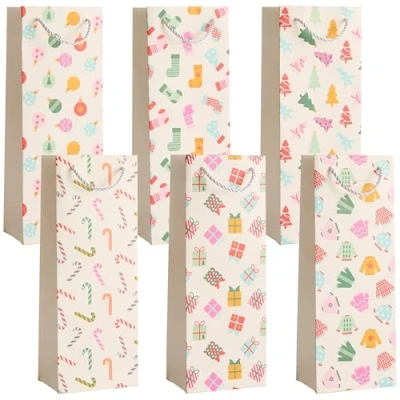 Image of THE TWIDDLERS 6 Christmas Wine Bags with Sturdy Rope Handles in Assorted Festive Xmas Designs, Gift Bottle Bags, 1 of Each Design, Bag 35cm x 13cm