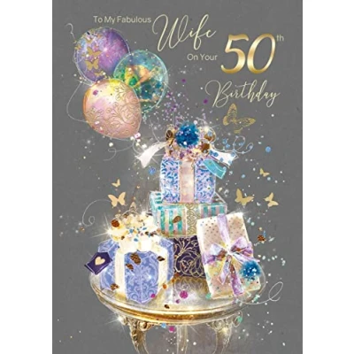 Image of Wife 50th Birthday Card from The Grace Range by Cherry Orchard Complete with Gold Envelope and Foil Detailing …