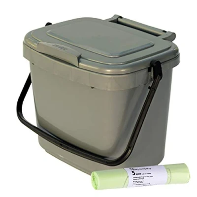 Image of 5 Litre Plastic Kitchen Compost Caddy with 50x Tie handle bags, Silver/Grey
