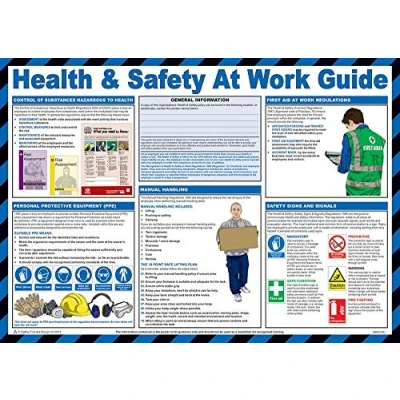 Image of PDL Pegdev First Aid &amp; Health Safety Poster A2 Landscape and at Work Durable Hazard Sign Guide.