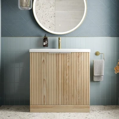 Image of BAYSTONE® Fluted 800mm Freestanding Vanity Unit with Basin Sink Bathroom Storage Cabinet Cupboard Wood