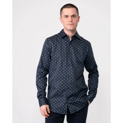 Image of Ted Baker Ardea Mens Long Sleeve Geometric Print Shirt Navy Size Medium