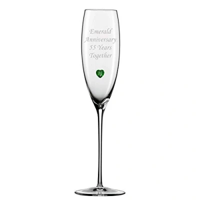 Image of Chichi Gifts 2 Emerald Anniversary 55 Years Together Pair of Champagne Flutes Glasses with Heart Gem