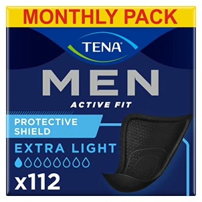 Image of TENA Men Protective Shield, 112 Extra Thin Incontinence Liners (14 X 8 Packs) Specially Engineered of All Ages, Black Pad Light Bladder Weakness, Urine Leakage and Drips, White