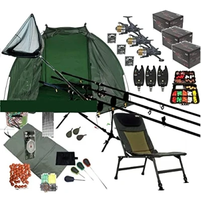 Image of Mega Full Carp Fishing Set Up Chair Rods, Reels, Alarms,Net,Handle,Bait Bivvy Shelter Tackle,Mat,Scales,Hooks P15