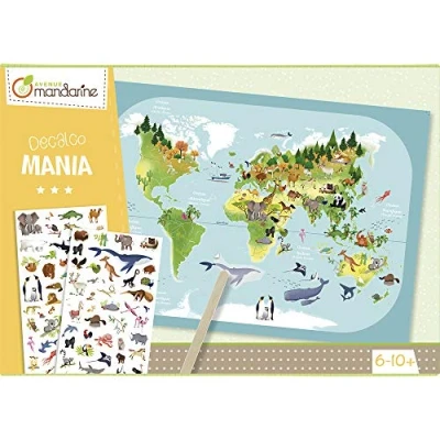 Image of Avenue Mandarine Ref KC042C Décalco Mania Planisphere Box 30 x 42cm Cardboard Backing, 2 Sheets of Animal Decals, Full Instructions Supplied, Suitable for Ages 6 10+