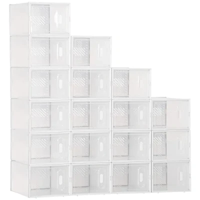 Image of HOMCOM 18PCS Clear Shoe Box, Plastic Stackable Storage Box for UK/EU Size up to 8.5/43 with Magnetic Door Women/Men, 25 x 35 19cm