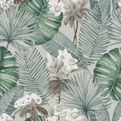 Image of Muriva Eden Isla Tropical Leaf Plants Wallpaper Grey/Green M37809