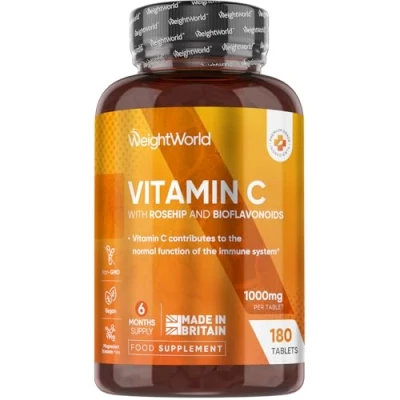 Image of Vitamin C 1000mg 180 High Strength Tablets with Rosehip &amp; Bioflavonoids Vegan Supplement (As Ascorbic Acid) for Immune System Energy Men Women