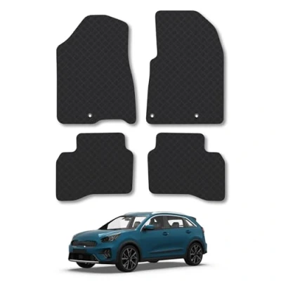 Image of Rubber Car Mats Compatible with Kia Niro (2016 2022) [Hybrid] Tailored Fit Floor Set Accessory Black Custom 4 Pieces Clips Anti Slip Backing, Heavy Duty &amp; Waterproof