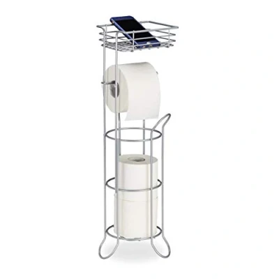 Image of Relaxdays Standing Toilet Roll Holder with Shelf 3 Rolls of Paper Modern Metal H x D 57.5 18.5 17.5 cm Silver