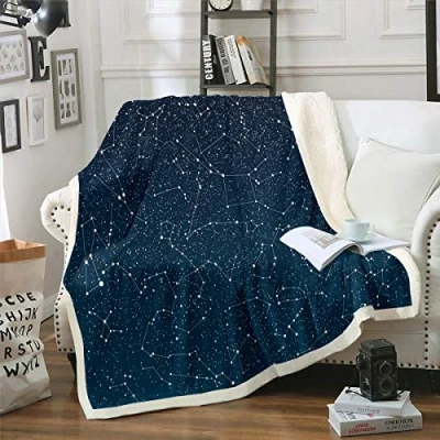 Image of Galaxy Sherpa Blanket Starry Sky Constellation Fleece Throw Dark Blue Outer Space Theme Plush for Sofa Couch Bed Room Decor Lightweight Milky Way Warm Fuzzy Baby 30&quot;x40&quot;