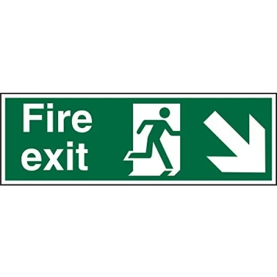 Image of Seco Fire Exit Exit, Man Running Right, Arrow Pointing Down &amp; Right Sign, 450mm x 150mm Self Adhesive Vinyl, White