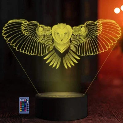 Image of HPBN8 Ltd Optical Illusion 3D Owl Lamp Night Light 7/16 Colors Changing USB Powered Remote Control Touch Switch LED Xmas Brithday Room Decoration