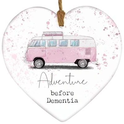 Image of Global Designs Adventure Before Dementia Pink Watercolour Campervan Heart Ceramic Hanging Plaque