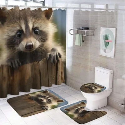 Image of FOCCAR 4Pcs Rustic Cute Raccoon Shower Curtain Sets with Non Slip Rugs, Toilet Lid Cover And U Shape Bath Mat, Wild Nature Modern Forest Animals Bathroom Waterproof Curtains 12 Hooks