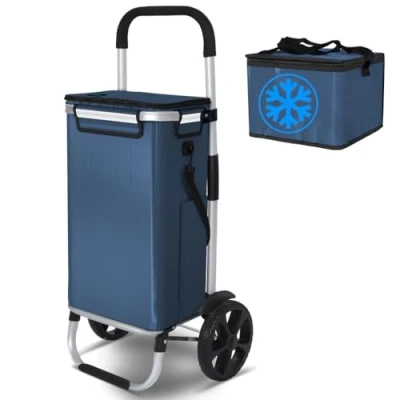 Image of VOUNOT Folding Shopping Trolley, Aluminium Lightweight Basket with Insulated Cooling Bag, Waterproof Fabric, Mudguard Stair Climbing Wheels Grocery 57L Navy Blue