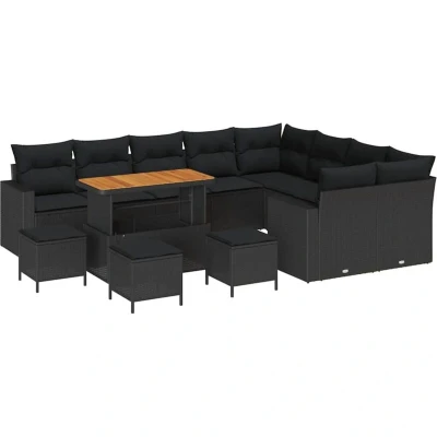 Image of vidaXL 13 Piece Garden Sofa Set with Cushions Black Poly Rattan Acacia