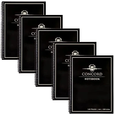 Image of Pukka Pad, Concord 5 Pack A4 Wirebound Jotta Notebook 140 Pages Black, 21 x 29.7cm