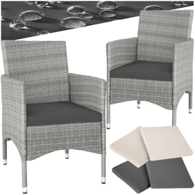 Image of TecTake® Rattan Garden Chairs Set of 2 Made UV Resistant Polyrattan, Steel Frame &amp; Outdoor Cushions. Includes Rain Removable Covers in Two Colours. For Patio or Balcony Black/Beige
