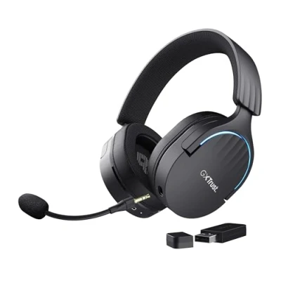 Image of Trust Gaming GXT 491 Fayzo Wireless Headset Bluetooth + 2.4 GHz Dual Connection, 7.1 Surround Sound, 22hr Battery, RGB Over Ear Headphones with Microphone PC PS5 PS4 Switch Black