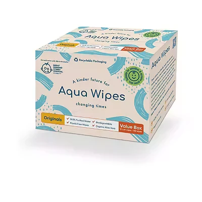 Image of Aqua Wipes Originals Baby Wipes, 100% Biodegradable, Plastic Free 99.6% Purified Water, Newborn Vegan, Paraben and Perfume Free, NHS Approved (12 Packs of 64 768 Wipes)