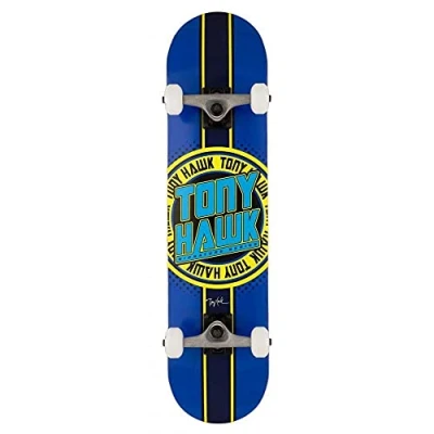 Image of Tony Hawk SS 180+ Complete Skateboard Badge Logo Blue/Yellow 7.5&quot; Wide