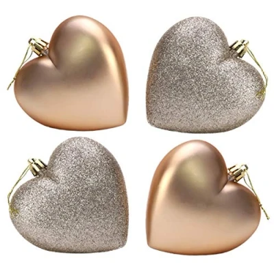 Image of Christmas Concepts® 4 100mm Heart Shaped Baubles Matte &amp; Glitter Design Decoration (Champagne)