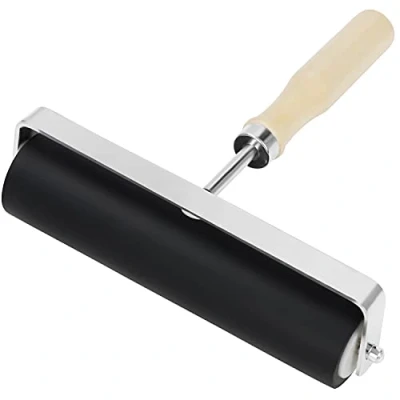 Image of Kurtzy Rubber Printmaking Roller 15cm/5.90 inches Black Hard Lino Brayer with Wooden Handle for Stamping, Ink Paint Block and Gluing Application