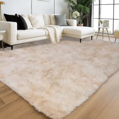 Image of Oxford Homeware Rugs Living Room 120 x 170 CM Tie Dye Cream Area for Bedroom Large Non Slip Modern Super Soft Plush Carpets Fluffy Shaggy Rug Lounge Shedding Bedside