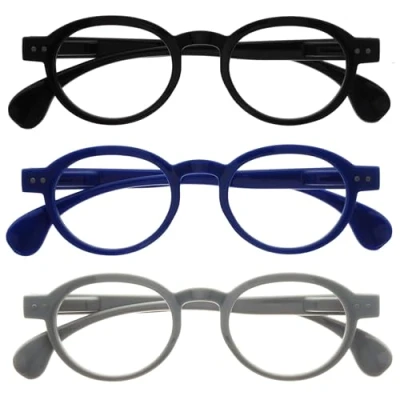 Image of OPULIZE OCA Reading Glasses 3 Pack Modern Retro Round Frame Black Blue Grey Mens Womens Spring Hinges RRR54 137 +3.00
