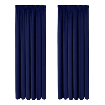 Image of Oxford Homeware Blackout Pencil Pleat Curtains for Bedroom Super Soft Curtain 66x54 Inch Thermal Insulated 2 Panels Navy with Tie Backs