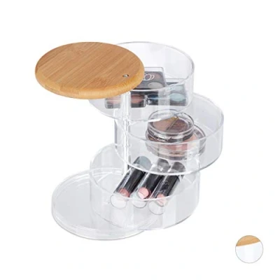 Image of Relaxdays Make up Organiser, 3 Rotating Levels, for Cosmetics &amp; Jewellery, Storage Box, Bamboo, Plastic, Clear
