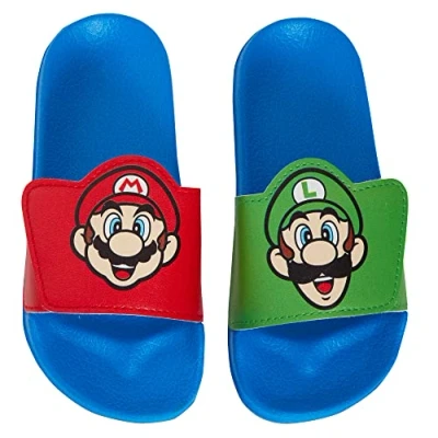 Image of Super Mario Bros Sliders Kids Luigi Summer Sandals Slip On Pool Shoes Flip Flops for Boys Blue 10 UK Child