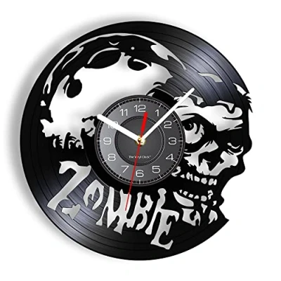 Image of Smotly Vinyl wall Clock, Zombie Horror Themed Pattern clock with LED Night Light, is a great gift for friends who love thrills. (Black)